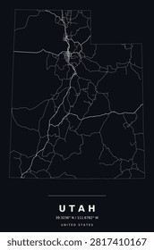Utah minimalist highway map poster drawn inside the state outline, white lines on black, modern wall art for print