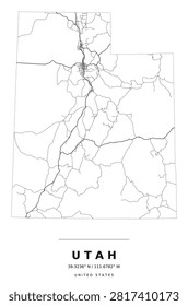Utah minimalist highway map poster drawn inside the state outline, black lines on white, modern wall art for print
