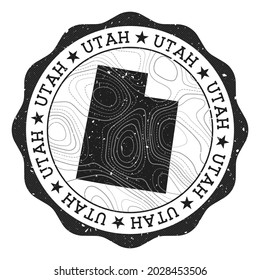 Utah outdoor stamp. Round sticker with map of us state with topographic isolines. Vector illustration. Can be used as insignia, logotype, label, sticker or badge of the Utah.