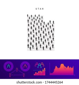 Mapa de la gente de Utah. Silhouette vectorial detallada. Multitud mixta de íconos de hombres y mujeres. Elementos infográficos de población. Ilustración vectorial aislada en blanco.