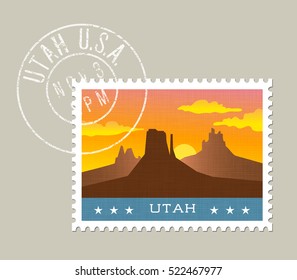  Utah postage stamp design. 
Vector illustration of monument valley at sunset. Grunge postmark on separate layer
