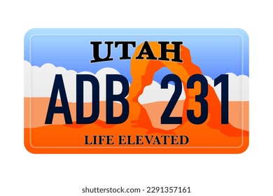 Utah s Car number in the United States of America. Marking of car license plates. Realistic car registration plate. Vector illustration.