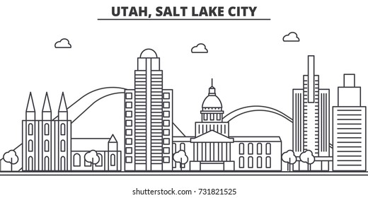 Utah, Salt Lake City architecture line skyline illustration. Linear vector cityscape with famous landmarks, city sights, design icons. Landscape wtih editable strokes