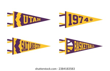 Utah, Salt Lake City basketball Pennant Flags Set. Vector Football pendant Icons. University USA Sport flag, isolated
