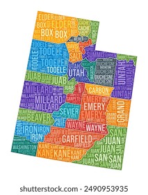 Utah shape. State word cloud with county division. Utah colored illustration. County names cloud. Vector illustration.