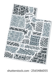 Utah shape text cloud. State border with shadow on white background. Utah with counties division in vintage gazette style. Awesome vector illustration.