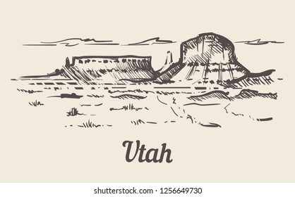 Utah Skyline Hand Drawn. Utah Sketch Style Vector Illustration.