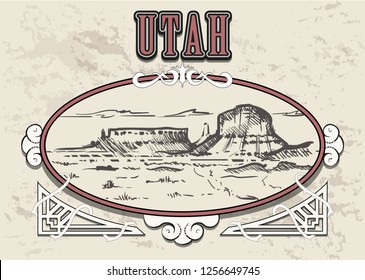 Utah skyline hand drawn. Utah sketch style vector illustration in vintage frame.