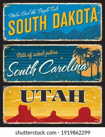 Utah, South Dakota and Carolina states shabby plates. America region retro sign, old plaque with mountain peaks, palm trees and grand canyon, vintage typography vector. USA travel souvenir rusty plate