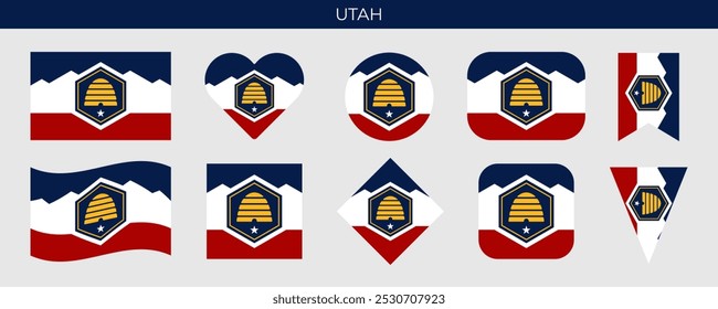 Utah-Status-Flag festgelegt. Amerikanische Staatsflagge in verschiedenen Formen. Vektorgrafik einzeln auf weißem Hintergrund