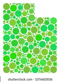 Utah State Map composition of random filled circles in various sizes and eco green color hues. Vector round elements are composed into utah state map composition.
