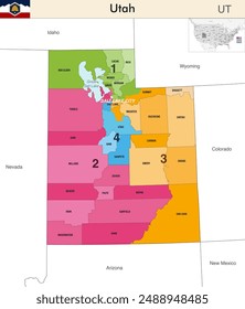 Utah state map with counties borders and colored congressional districts boundaries due to The 2020 United States census and which is valid since 2023. Flag of Utah. Vector