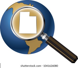 Utah State Map Enlarged with Magnifying Glass on Globe