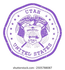 Sello del estado de Utah con sello, sello de viaje de EE.UU., matasellos en mal estado de Utah, Vector