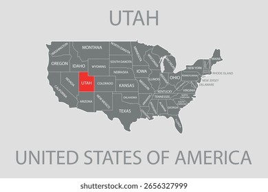 Utah State, USA, vector map isolated on United states map. Editable blank vector map of USA.