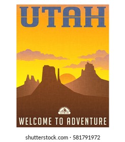 Utah travel poster or sticker. vector illustration of monument valley at sunset.