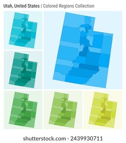 Utah, United States. Map collection. State shape. Colored counties. Light Blue, Cyan, Teal, Green, Light Green, Lime color palettes. Border of Utah with counties. Vector illustration.