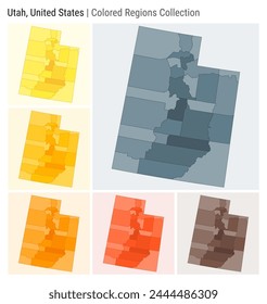 Utah, Estados Unidos. Colección de mapas. Forma Estado. Condados coloreados. Gris azul, amarillo, ámbar, naranja, naranja profundo, marrón paletas de color. Frontera de Utah con los condados. Ilustración vectorial.