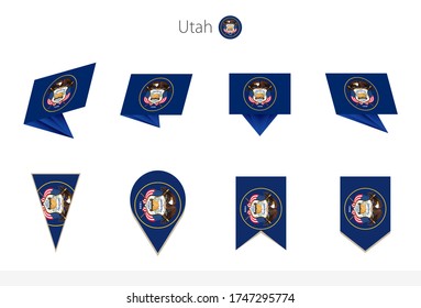 Colección de la bandera del estado de Utah, ocho versiones de banderas vectoriales de Utah. Ilustración vectorial.
