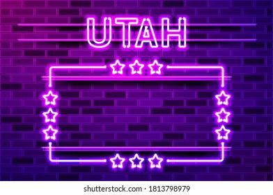 Utah US State glowing purple neon lettering and a rectangular frame with stars. Realistic vector illustration. Purple brick wall, violet glow, metal holders.