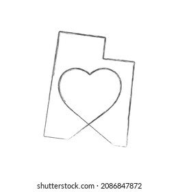 Utah US state hand drawn pencil sketch outline map with heart shape. Continuous line drawing of patriotic home sign. A love for a small homeland. T-shirt print idea. Vector illustration.