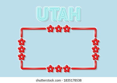Utah US state soft blue neon letters lights off. Glossy bold red frame with stars. Soft shadows. Light blue background. Vector illustration.