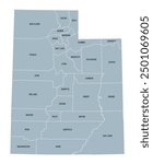 Utah, U.S. state subdivided into 29 counties, gray political map with borders and county names. State in the Mountain West region of Western USA. Nicknamed Beehive State, Mormon State, and Deseret.