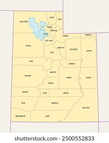 Utah, U.S. state subdivided into 29 counties, political map with borders and county names. State in the Mountain West region of Western USA. Nicknamed Beehive State, The Mormon State, and Deseret.