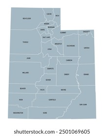 Utah, U.S. state subdivided into 29 counties, gray political map with borders and county names. State in the Mountain West region of Western USA. Nicknamed Beehive State, Mormon State, and Deseret.