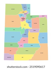 Utah, estado dos EUA, subdividido em 29 condados, mapa político multicolorido com a capital Salt Lake City, fronteiras e nomes de condado. Estado na região Mountain West do oeste dos EUA. O Estado Colmeia.