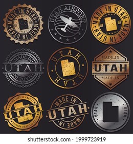 Utah, USA Business Metal Stamps. Gold Made In Product Seal. National Logo Icon. Symbol Design Insignia Country.