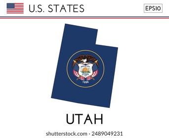 Utah USA state map shape with flag. Map of Utah in the Utah flag colors. Outline map filled with its flag colors. Vector illustration.