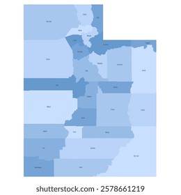 Utah, UT - detailed political map of US state. Administrative map divided into counties. Blue map with county name labels. Vector illustration