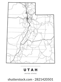 Utah UT outline map with counties, interstate highways and major roads. Black outlines on a white background, editable vector artwork.