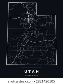 Utah UT outline map with counties, interstate highways and major roads. White outlines on a black background, editable vector artwork.