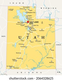 Utah, UT, political map, with the capital Salt Lake City. State in the Mountain West subregion of the Western United States of America, nicknamed Beehive State, The Mormon State, and Deseret. Vector.