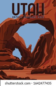 Utah Vector Illustration Background. Travel to Arches National Park in Eastern Utah, United States. Flat Cartoon Vector Illustration in Colored Style.