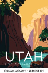 Utah Vector Illustration Background. Travel to Zion National Park Utah. Flat Cartoon Vector Illustration in Colored Style.