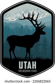 Utah vector label with Rocky Mountain Elk and rocky mountains