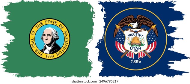 Utah and Washington states grunge brush flags connection, vector