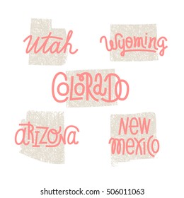 Utah, Wyoming, Colorado, Arizona, New Mexico USA state outline art with custom lettering for prints and crafts. United states of America wall art of individual states