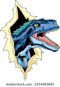 Utahraptor Dinosaur Breaks The Paper Graphic Design. Vector Hand Drawn Illustration Isolated On Transparent Background