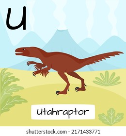 Utahraptor dinosaur. Letter T. Children's alphabet education. Vector illustration of a prehistoric dinosaur.