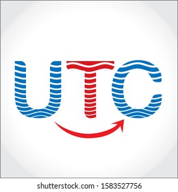 UTC U T C INITIAL LETTER LOGO WITH ARROW ELEMENT (symbol of forward moving business)  AND WAVES IN LETTERS BLUE AND RED COLOR
