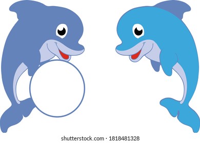 ute blue dolphin.  Vector illustration for swimming pool brochure or banner. Isolated on white background in cartoon style.
