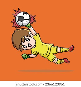 Ute Boy in Yellow Jersey juega a la ilustración vectorial del fútbol. Arquero en partido de fútbol. El portero salta para salvar la puerta. Ilustración del vector de portero ligero.