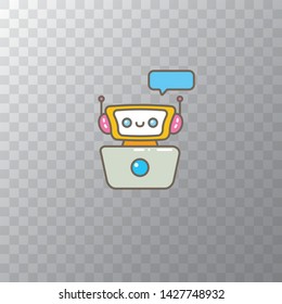 ute chatbot character with notebook or intelligent assistant with speech bubble isolated on transparent background. Vector Funny robot assistant, chatter bot, helper chatbot logo or label 