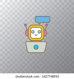 ute chatbot character with notebook or intelligent assistant with speech bubble isolated on transparent background. Vector Funny robot assistant, chatter bot, helper chatbot logo or label 