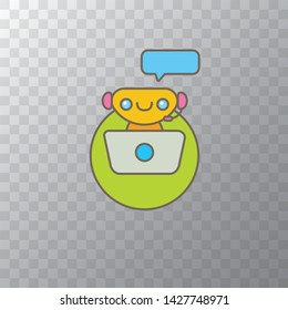 ute chatbot character with notebook or intelligent assistant with speech bubble isolated on transparent background. Vector Funny robot assistant, chatter bot, helper chatbot logo or label 