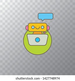 ute chatbot character with notebook or intelligent assistant with speech bubble isolated on transparent background. Vector Funny robot assistant, chatter bot, helper chatbot logo or label 